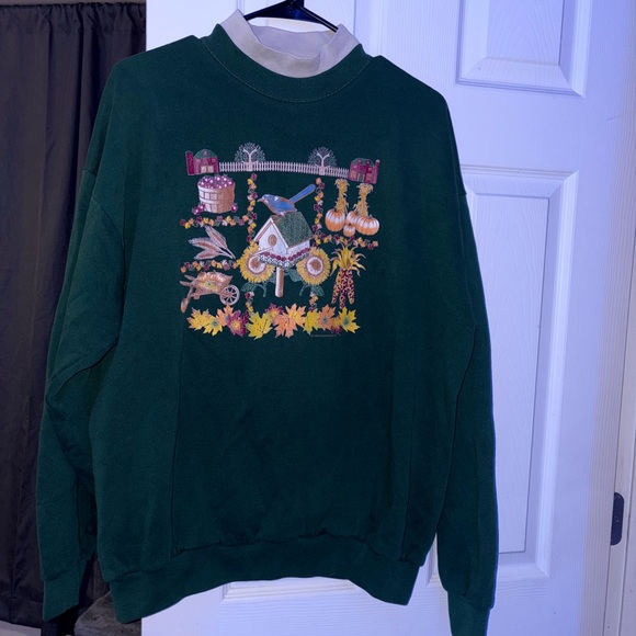 Green 1995 Grandma Double Collar Sweater with Autumn Design - Picture 1 of 7